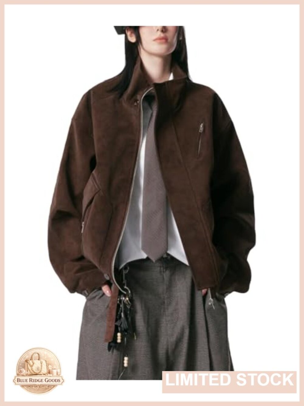 Faux Suede Oversized Bomber Jacket Zip Up Casual Outerwear